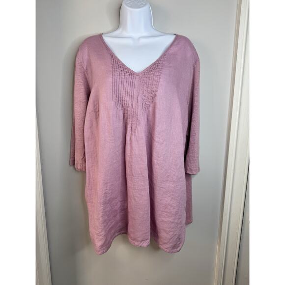 J. Jill Tops - J Jill Love Linen Pintucked Tunic Blouse Top XL Pink 3/4 Sleeve Slits Cottage